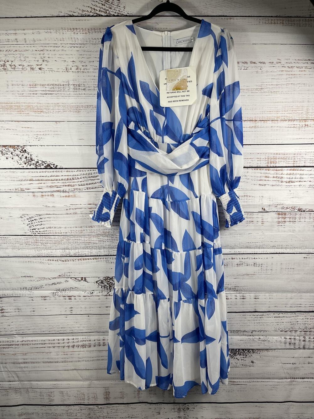 Chicwish Dress Women's Small Blue Leaf Print Smocked V Neck Tiered Maxi Boho